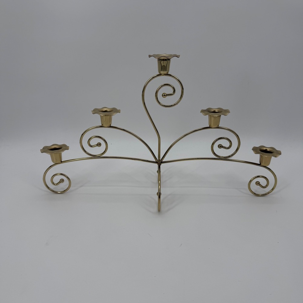 Vintage Brass Tone 5 Light Candelabra Scroll Metal Taper Candle Holder 20" Wide